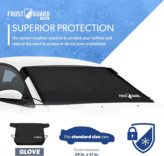 Glove | Car Windshield Cover for Ice and Snow - Standard Size, Fits Sedans and Compact Cars - Features Elastic Loops, Security Panels + Storage Pouch - Black, Measures 59 x 41 Inches