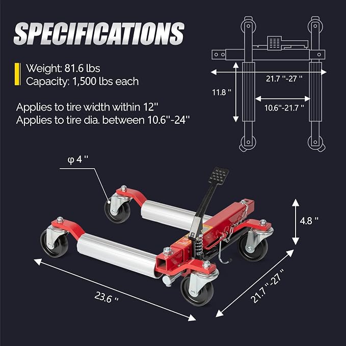 Car Wheel Dolly Jack Set of 2, Hydraulic 3000-lbs Car Skates, 12'' Wheel Vehicle Positioning Jack, Heavy Duty Rollers with Foot Pedal for Tire Auto Repair Moving, Red