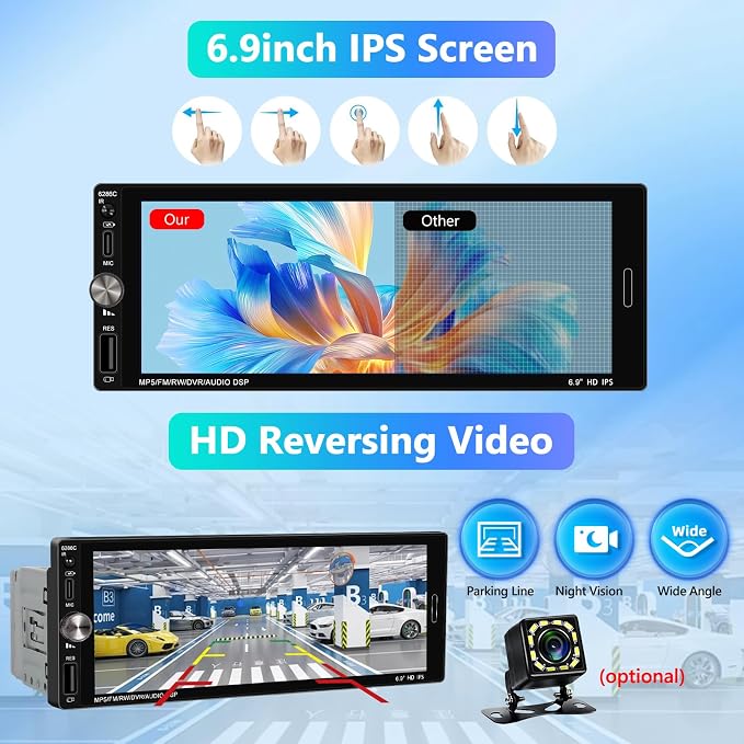 Single Din Car Stereo with Wireless Apple Carplay, 6.9 Inch Touchscreen Car Radio with Bluetooth 5.0 Android Auto Mirror Link FM/EQ USB/AUX/TF/SWC+Remote Control