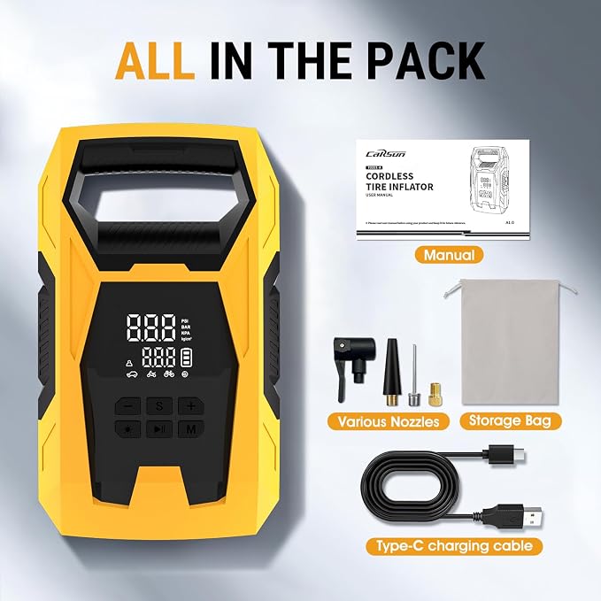 Cordless Tire Inflator Portable Air Compressor, 150 PSI Portable Air Pump for Car Tires with Digital Dual Values Display, Tire Pump for Car, Bike, Motorcycle, Ball (with 7800mAh Battery)