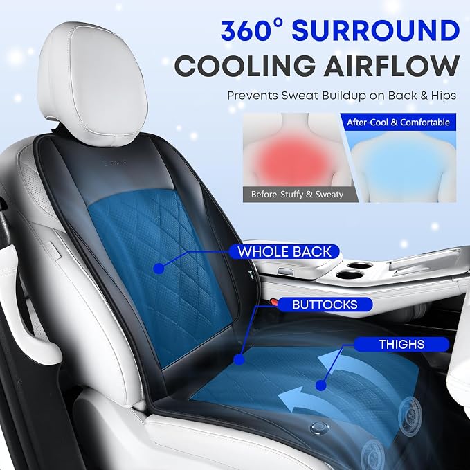 Cooling Car Seat Cover, Ventilated Seat Cushion Cooling Car Seat Pad for Summer Driving with Powerful Turbo Fans Universal Fit for Car SUV Truck Van-Light Black