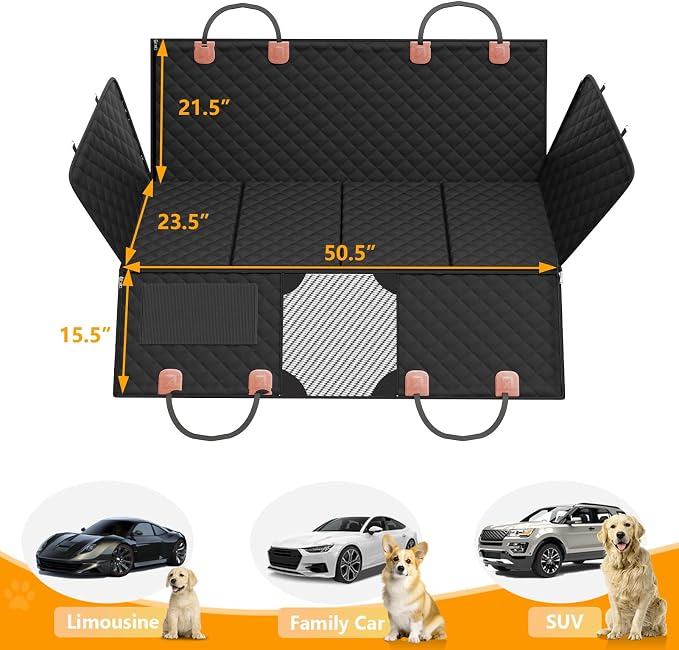 Back Seat Extender for Dogs, Hard Bottom Dog Car Seat Cover - Supports 400lbs, Rear Seat Pet Cover with Mesh Window, Waterproof Dog Hammock for Car SUV