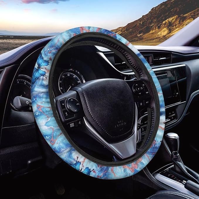 Sweat Absorption Steering Wheel Cover for SUV Van Truck Car Butterfly Marble Texture Blue Pattern Universal Car Wheel Cover Polyester Cover with Anti-Slip Lining