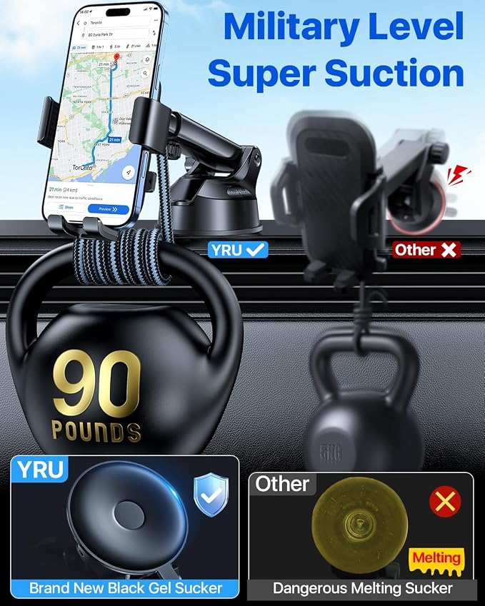 YRU Car Phone Holder Mount for Car, Dashboard Windshield Air Vent Phone Stand with Adjustable Cradle and Rotating Base, for iPhone 17 16 15 14 13 Pro Max, Samsung Galaxy