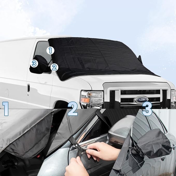 Windshield Cover for Ice and Snow fit Ford Econoline E-Series Van 1992-2025 2026 & Motorhome E-150 E-250 E-350 E-450 Accessories Oxford Fabric Cover Windshield Protector for Full Sizes Vans