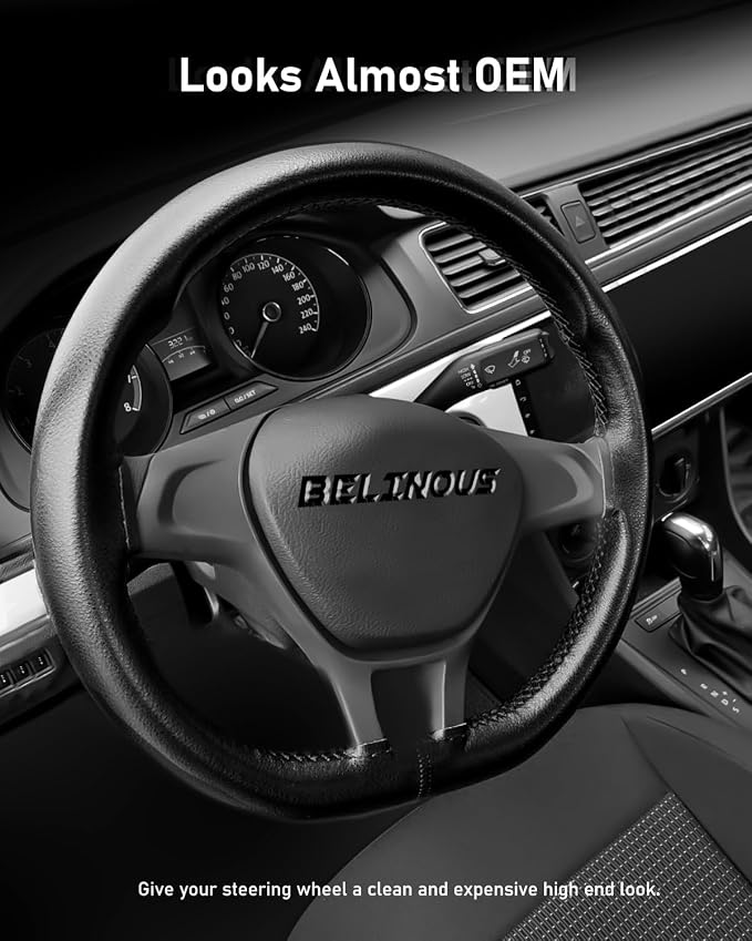 Leather Steering Wheel Cover Lace Up, Stitch on Steering Wheel Wrap, Universal Fit 13-20 Inch Car Truck Pickup Boat, A Whole Piece of Cowhide, DIY w/Needle Thread (Size XXXL4, Black)