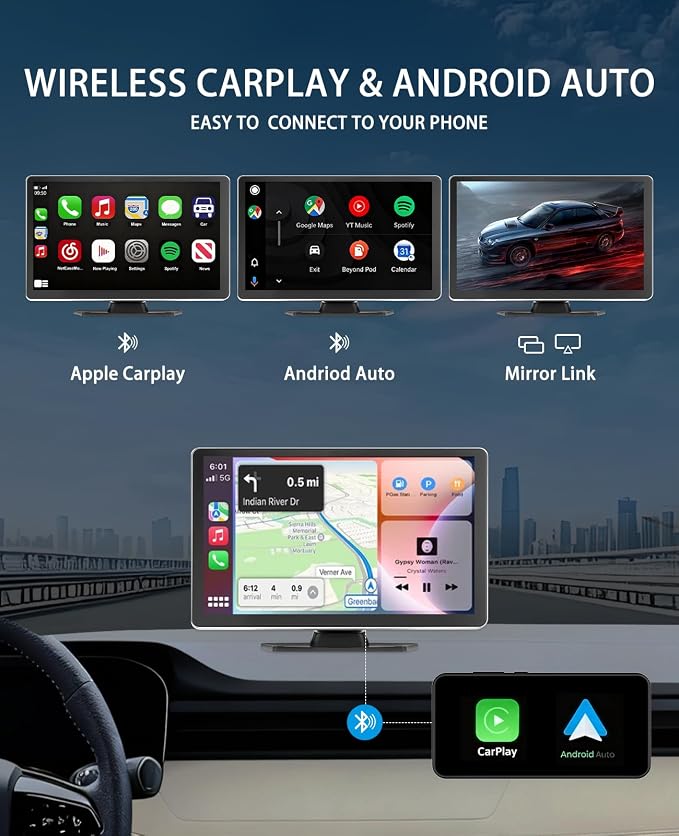9" CarPlay Screen for Car, 4K Dash Cam Car Tablet for Apple Android Auto,1080P Rear Backup Camera, Wireless Portable Touch Voice Control Screen for GPS Navigation, Bluetooth, Mirror, Truck