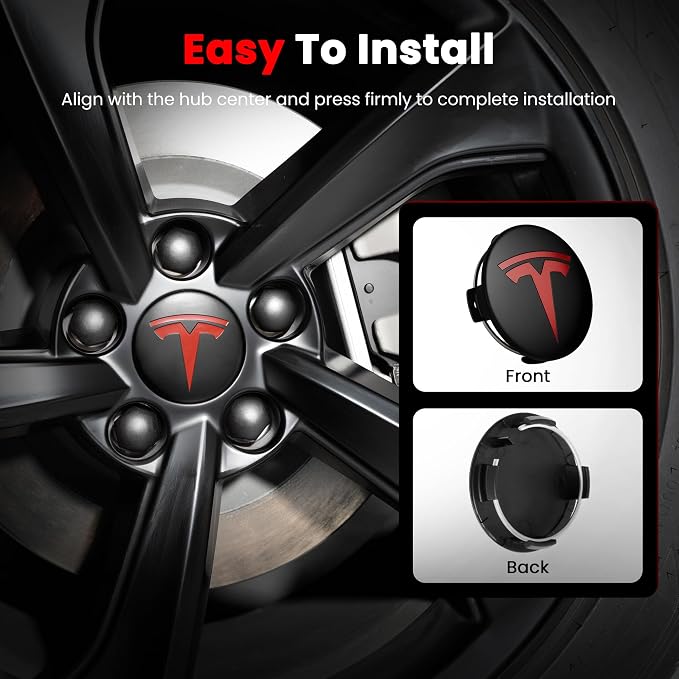4 Pack Car Wheel Center Hub Cap Kit with 22 Lug Nut Covers, 2.2 in (56mm) Wheel Rim Covers Center Hubcaps with Emblem for Model 3 / Model Y, Matt Black & Red Exterior Decoration for Tesla