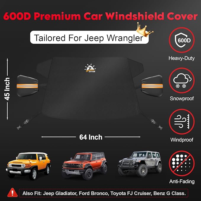 Car Windshield Snow Cover for Jeep Wrangler - 600D Car Windshield Snow Ice Cover Front Window Covers for Jeep Wrangler, Jeeps Gladiator, Ford Bronco, Toyota FJ Cruiser, Benz G Class, and More