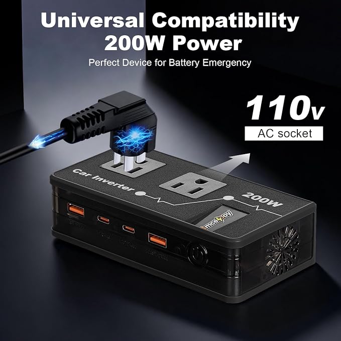 200W Car Power Inverter, Amcelooy Dual DC 12V to 110V AC Car Outlet Adapter to Wall Plug, Fast Charging 24W USB-C & USB Ports,Car Charger Cigarette Lighter Adapter for Phone,Laptop on Road Trip(Black)
