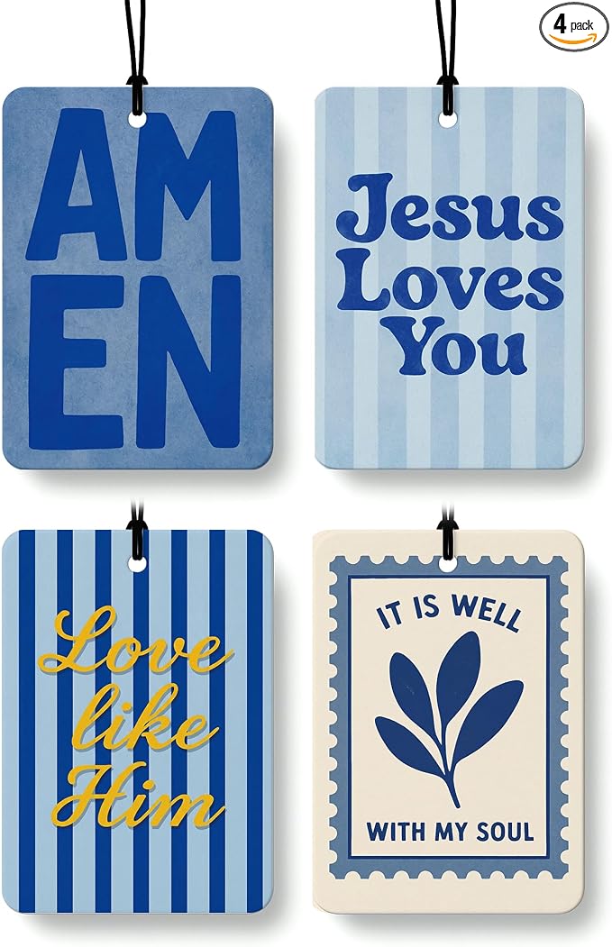 Blue Boho Christian Car Air Freshener 4 Pcs for Women Girls | Religious Car Accessories Mirror Decor, Blue Christian Hanging Air Freshener for Cars Closet Drawer Books