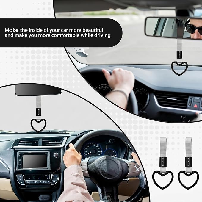 2PCS Heart Shaped Car Handle Straps, Rear Bumper Warning Keychain Ring for Car Exterior Accessories (Black-Silver)