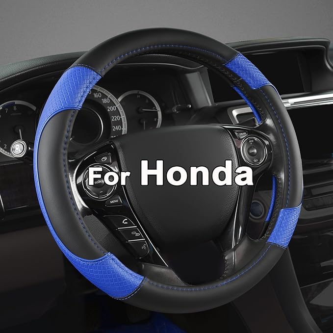 Microfiber Leather Steering Wheel Cover for Honda Accord,Civic,CR-V,HR-V,Pilot(Diamond-Pattern-Black+Blue-Standard Size)