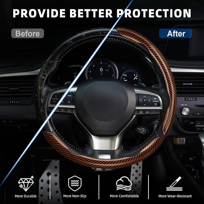 3pcs Carbon Fiber Anti-Skid Steering Wheel Cover, Waterproof Design, Universal Fit for 14-16 Inch Car Wheel Cover, Interior Car Accessories for Jeeps, SUVs, Trucks (Glossy Brown)