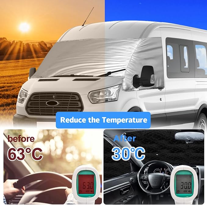 Silver RV Windshield Cover for Ford Transit 2015-2026 | Fits Transit 150 250 350 350HD, Hail Protector, Waterproof Snow Cover