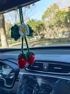 Handmade Crochet Sun and Moon Car Steering Wheel Covers Universal 14-15 inch for Women and Men (Steering Wheel Cover+Crochet Strawberry