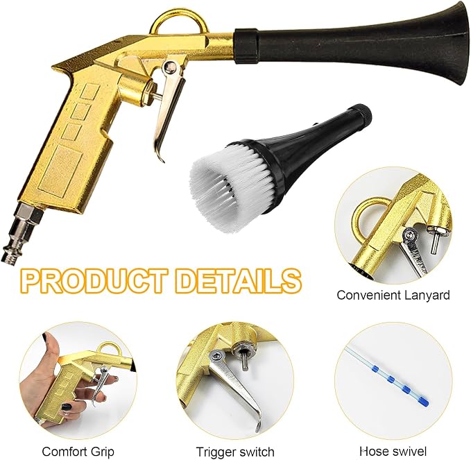 5-Piece Car Detailing Kit Air Blaster Mini Air Gun for Car Detailing, Air Compressor Blower Gun with 2 Pcs Brushes, Aluminum Alloy Dry Cleaning Gun with Detail Tool Attachments, for Car Detailing