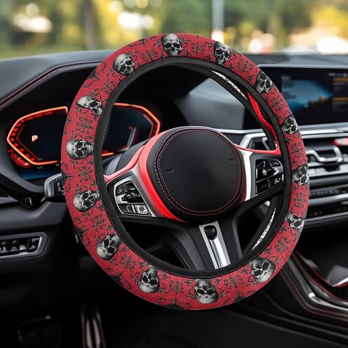 Car Steering Wheel Covers Sweat Absorption Comfort Grip for Men | Skull Bat Red Print, Halloween Decor, Car SUV Sedans Interior Accessories, Steering Wheel Protection Sweat Absorption