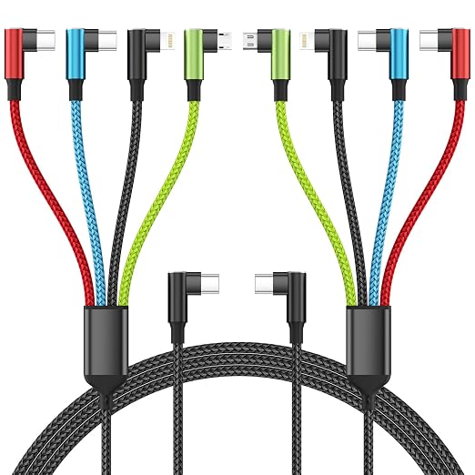 Travel Essentials USB C Multi Charging Cable 2Pack 5FT, Right Angle 4 in 1 Charging Cable, USB Cable Phone Charger with IP/Type C/Type C/Micro Port, Compatible with Most Cell Phones/Tablets and More