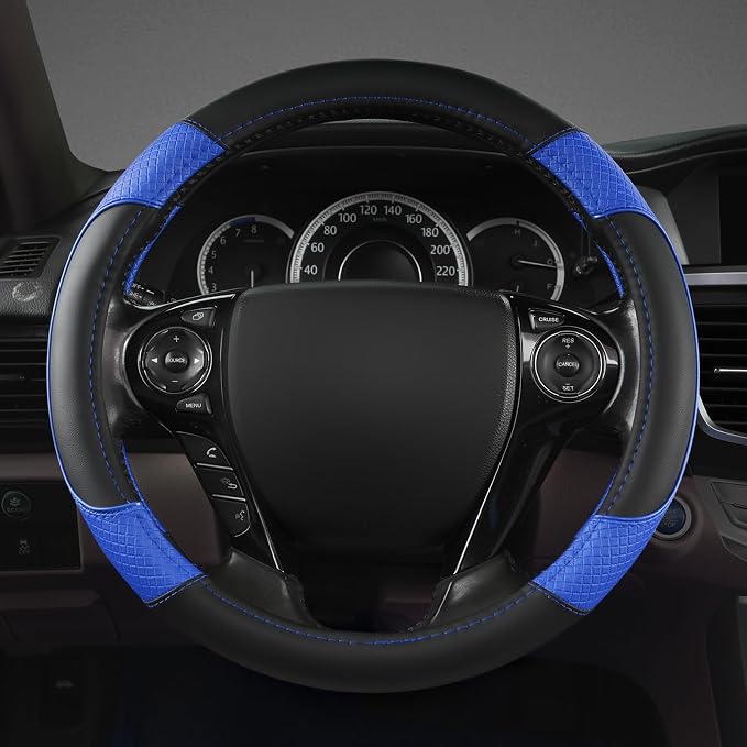 Microfiber Leather Steering Wheel Cover for Honda Accord,Civic,CR-V,HR-V,Pilot(Diamond-Pattern-Black+Blue-Standard Size)