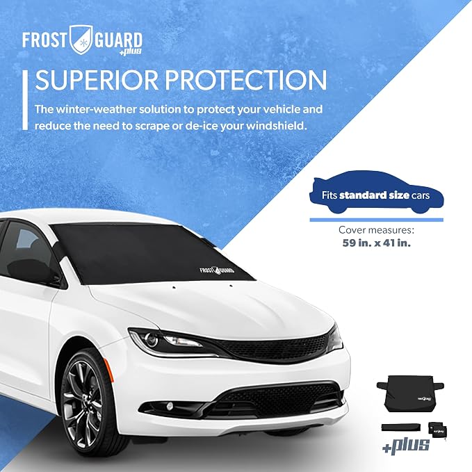 Plus | Winter Windshield Cover for Ice and Snow, Standard Size (Black) - Built-in Security Panels, Wiper Blade Coverage + Mirror Covers - Fits Standard Size Cars, 59 x 41 Inches