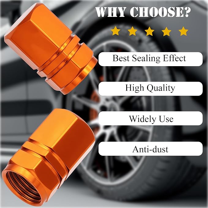 4PCS Tire Valve Stem Caps, with Rubber O-Ring, Corrosion Resistant Leak-Proof, Aluminum Alloy Universal Wheel Valve Covers for Cars, SUV, Trucks, Bikes, Motorcycles, Bicycles(Orange)