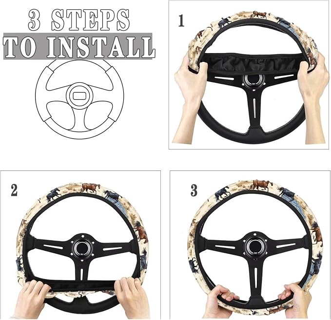 Car Steering Wheel Covers White Sweat Absorption Comfort Grip, Horse Painting Universal 14-15 inch Stretch-on Fabric Keep Warm Steering Wheel Protector for Women