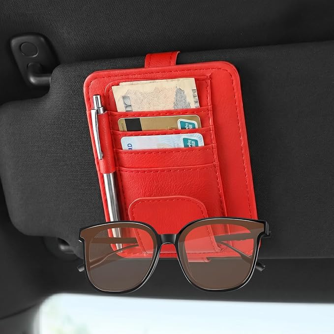 Sunglass Holder for Car Visor, Multi-Pocket Leather Car Sun Visor Organizer with Ticket Pens Card Clip, Sunglasses Holders,Suitable Eyeglasses,Car Accessories Keep Tidy (Red)