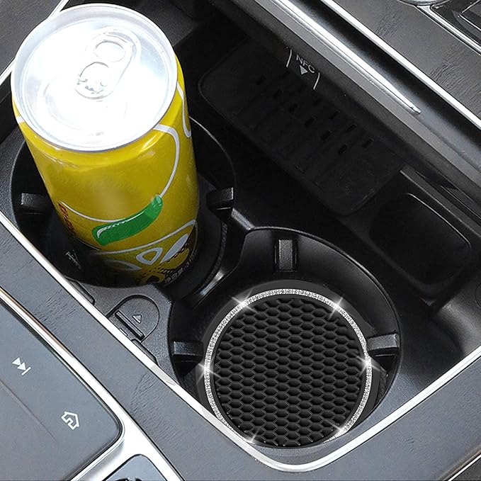 Car Coasters, 4 Pack Universal Vehicle Bling Car Coaster, Crystal Rhinestone Coaster for Cup Holders, Car Interior Accessories 2.75'' Silicone Anti Slip Car Coasters for Women (Black)