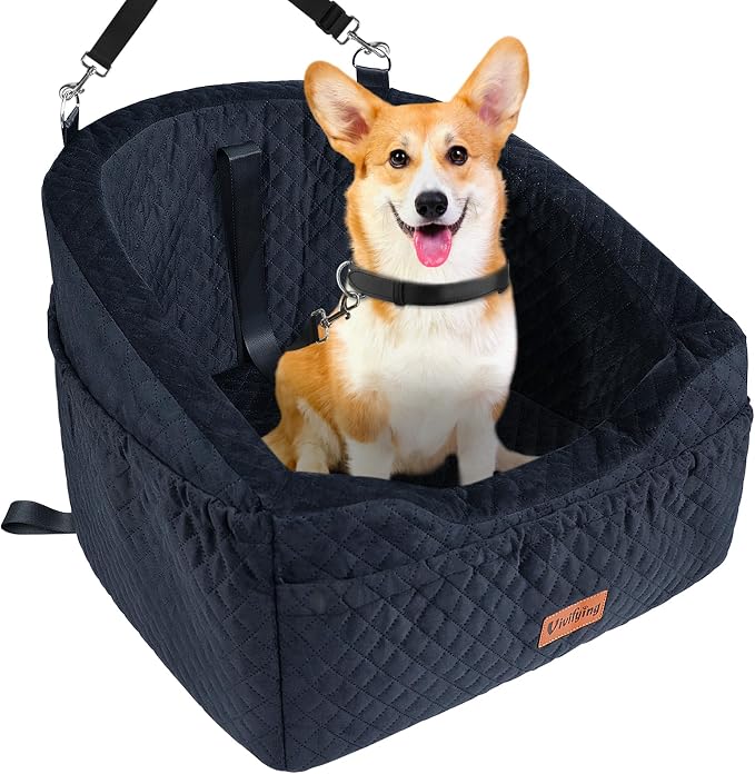 Dog Car Seat for Small & Medium Dogs, Detachable & Washable Booster Seat for Pets Up to 30lbs, Travel Bed with Storage Pockets and Safety Belt – Black
