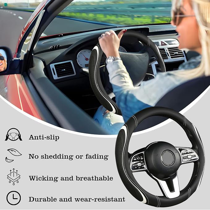 Leather Splicing Black White Car Steering Wheel Cover,14.5-15 Inch Universal Microfiber Leather Covers Breathable Anti-Slip Odorless Steering Wheels Accessories for Men Women
