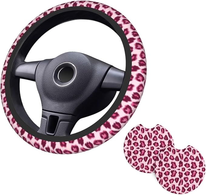 Pink Leopard Pattern Steering Wheel Cover Pink Cheetah Pattern Steering Wheel Cover Anti-Slip Breathable 15 Inch Universal 2 Pcs Car Interior Cup Holder Pad for Men Women