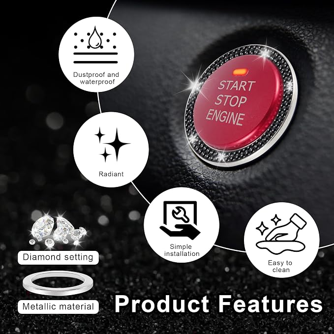2 PCS Crystal Double Rhinestone Car Engine Start Stop Decoration Ring, Bling Car Interior Accessories for Women, Push to Start Button Cover Sticker, Automotive Decals, Black