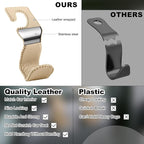 Car Seat Hooks for Purses and Bags, 2 Pack Car Purse Holder for Grocery Bag Handbag Clothes, Metal Headrest Hooks Covered by Leather, Beige