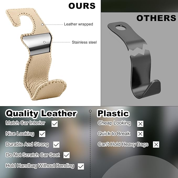 Car Seat Hooks for Purses and Bags, 4 Pack Car Purse Holder for Grocery Bag Handbag Clothes, Metal Headrest Hooks Covered by Leather, Beige