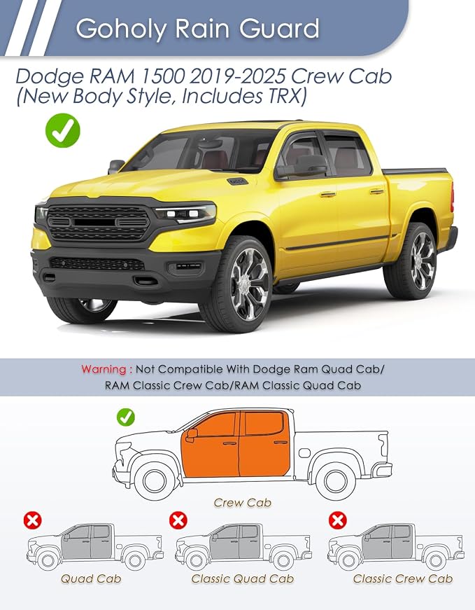 in-Channel Window Rain Guard for Dodge RAM 1500 (New Body Style Includes TRX) 2019-2026 Crew Cab Rain Guards Side Truck Window Visors Low Profile Vent Visor Window Deflectors Vent Shades