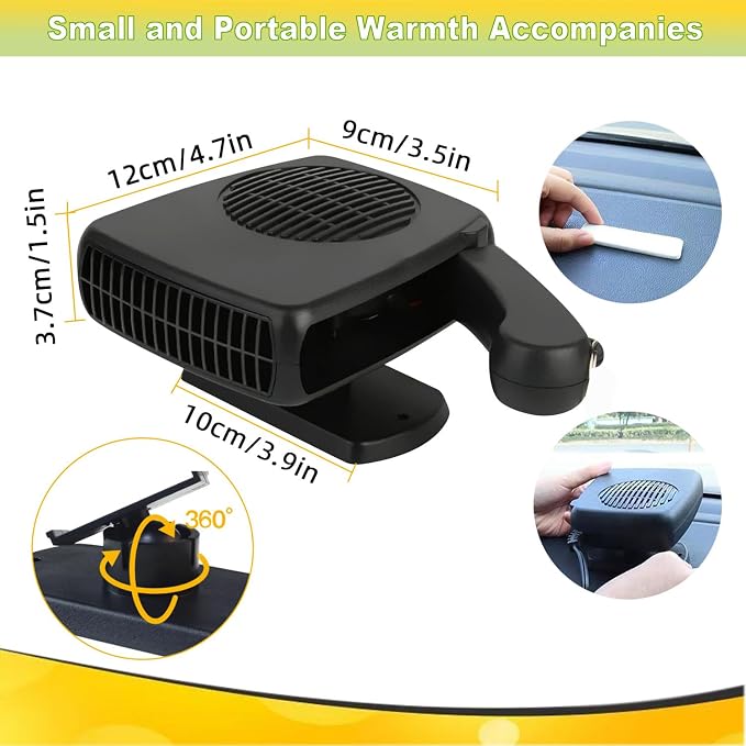 12V 200W Portable Car Heater & Windshield Defroster – 2-in-1 Fast Heating & Cooling Fan with 360° Rotatable Base, Plug In Cigarette Lighter Car Heaters for Vehicle, Car, SUV, Truck & RV