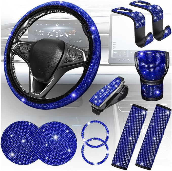 11PCS/Set Bling Car Accessories Set for Women, Rhinestone Vehicle Steering Wheel Cover Seat Belt Cushion Gear Shift Protector Cup Holder Coaster, Universal Automotive Accessories (Blue)