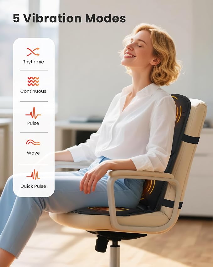 Vibration Back Massager with Heat, Heated Massage Chair Pad, Massage Seat Cushion, Chair Massager pad, seat Warmer 5 Vibrating Modes & 2 Heat Levels, Ideal Gifts for Men Women