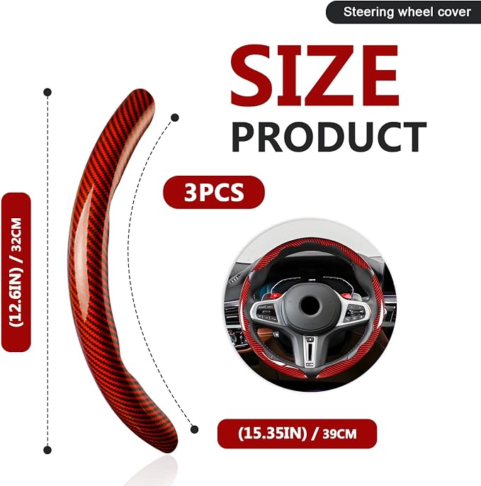 3pcs Universal Carbon Fiber Steering Wheel Cover - Anti-Slip & Segmented Design, Universal 99% Durable Steering Wheel Protector for Men and Women, Car Interior Accessory (Red)