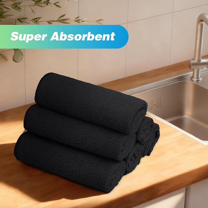 Black Microfiber Cleaning Cloth, 24 Pack Absorbent Cleaning Rags, Lint-Free, Streak-Free Cleaning Towels for Car Kitchen House, 12"X11"