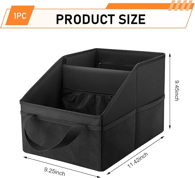 WZP Car Seat Organizer, Collapsible Small Car Organizer for Front Back Seat, Oxford fabric Car Seat Storage with Divide, Handles and Mesh Pockets for Water Bottles Sunglasses Children's Items (Black)