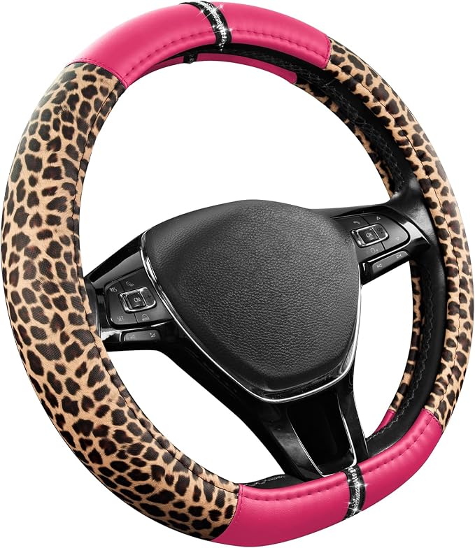Leopard Steering Wheel Cover for Women, Cute Anti-Slip Microfiber Leather, Fits D Shape Flat Bottom Steering Wheel 14.5-15 Inch - HotPink