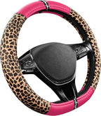 Leopard Steering Wheel Cover for Women, Cute Anti-Slip Microfiber Leather, Fits D Shape Flat Bottom Steering Wheel 14.5-15 Inch - HotPink