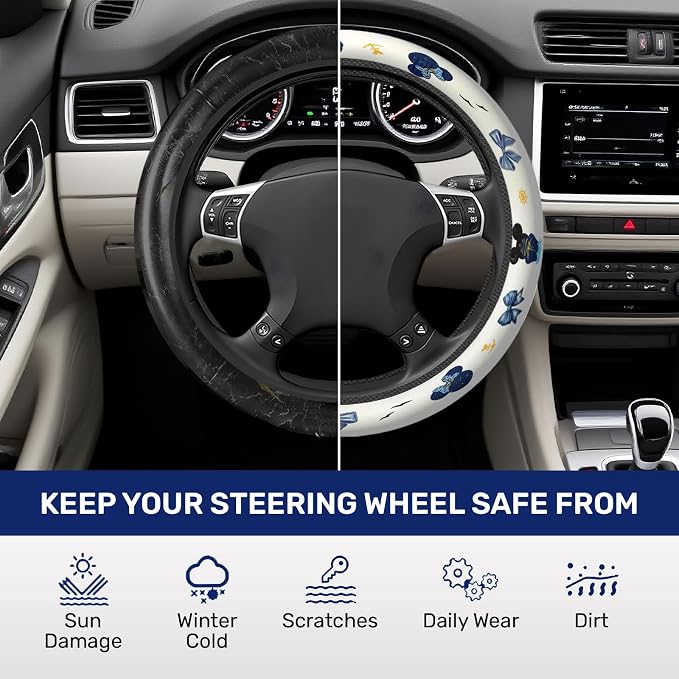 Blue Bow Mouse Silhouette Steering Wheel Cover, Non-Slip Polyester Wheel Grip, Universal 15 Inch Car Accessory