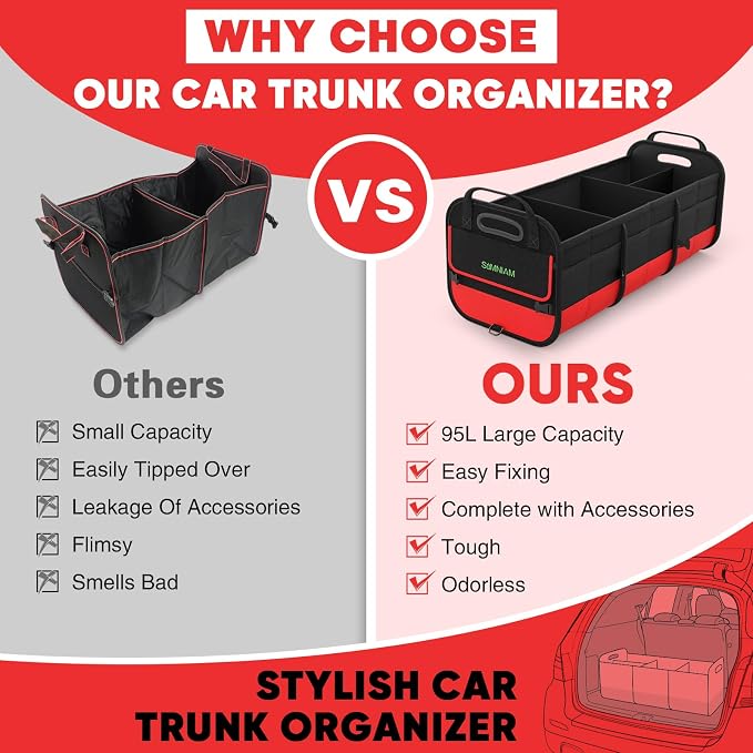 Large Trunk Organizer for Car, Foldable Multi Compartment Car Trunk Organizer with 2 Retractable Straps, Suitable for All Kinds of Cars, SUV, Minivan - 4 Compartments Red