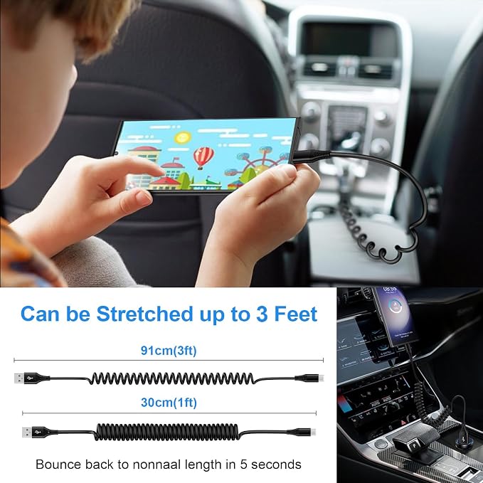 USB to USB C Cable iPhone 17e Coiled 3FT Car Charger Cord for iPhone 16e/16/16 Pro/16 Pro Max/Plus/17/Air/17 Pro/17 Pro Max, Retractable Auto Type C Fast Charging for Samsung Galaxy A17 S26,Pixel 10