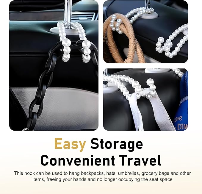 2 PCS Car Bag Hooks, Purse Hook for Car, Pearl Seat Backrest Storage Hook, Cute Auto Interior Decoration Headrest Hanger for Women Girls (White)