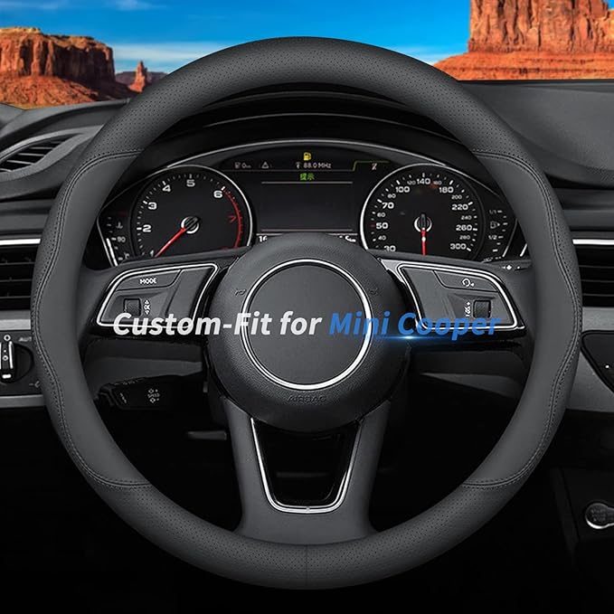 Deer Route Custom-Fit for Mini Steering Wheel Cover, Premium Leather Car Cover with Logo, Non-Slip, Breathable, Accessories (B-Style,for Cooper)