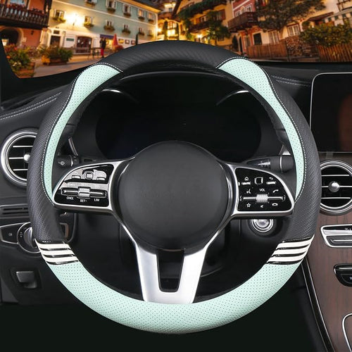 14 inch Cute Steering Wheel Cover for Women Men Faux Leather and Carbon Fiber,Black and Green